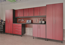 Redline garage cabinets in burgundy.